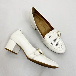 Giani Bernini Inndee Perforated Buckled Strap Block Heel Loafer White Size 8